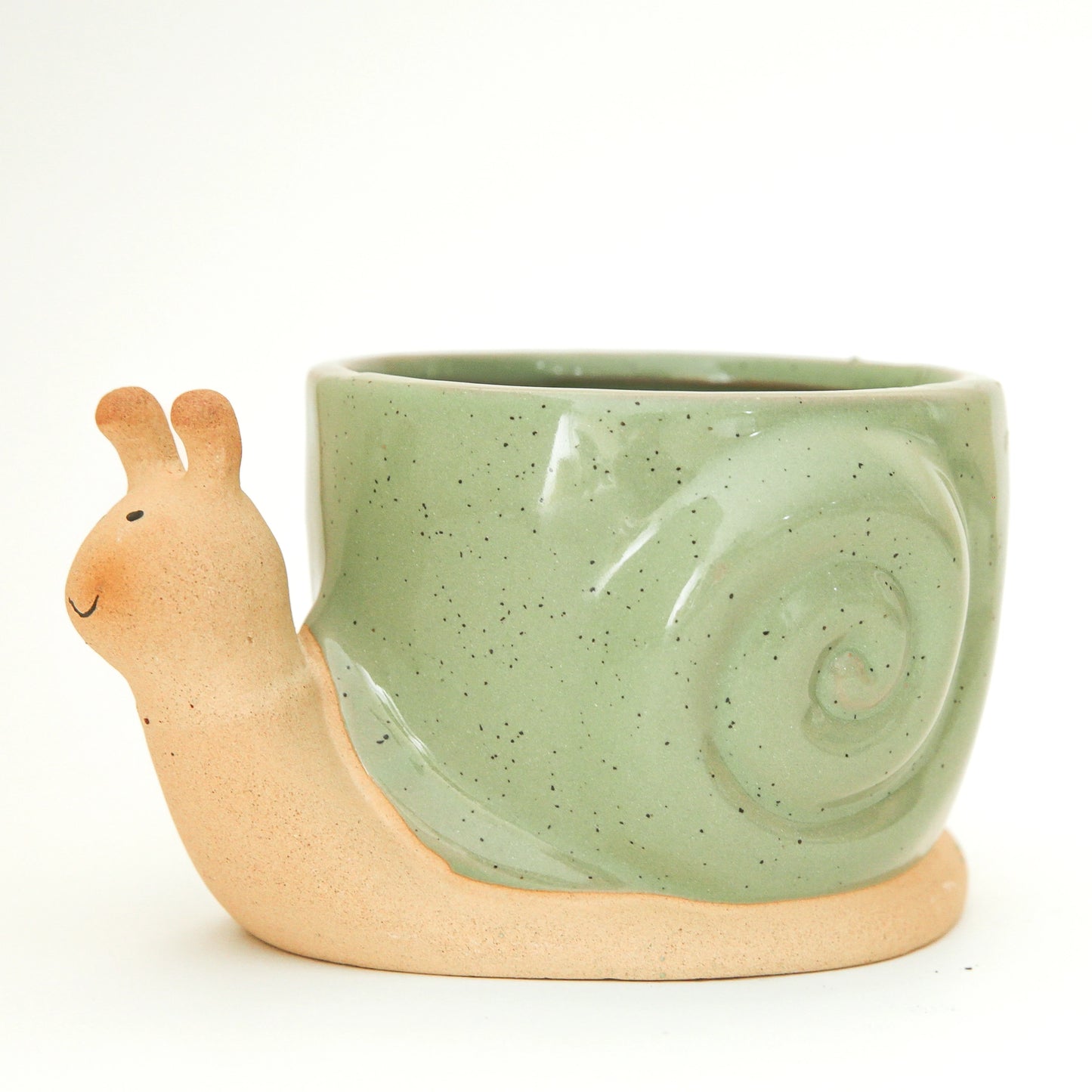 On a tan background is a ceramic planter in the shape of a snail with smiling face and a swirly green "shell".