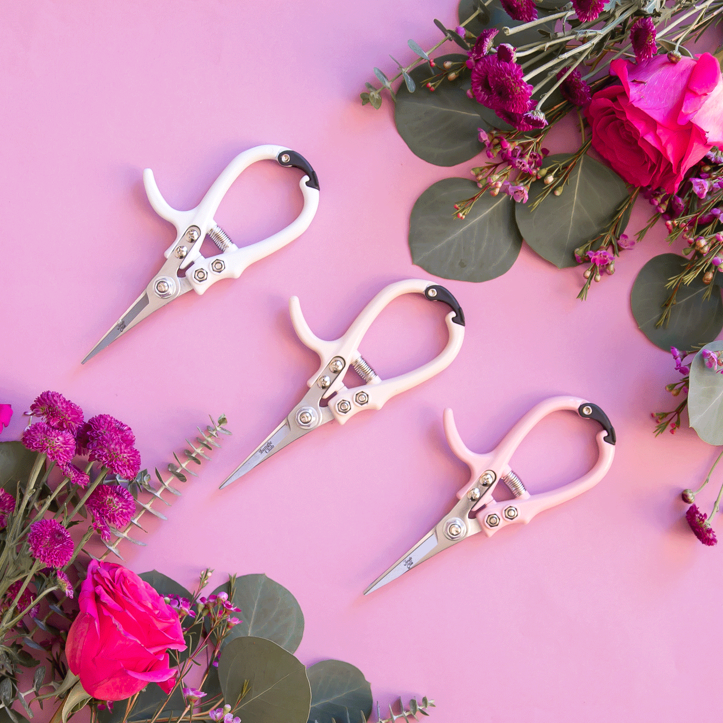 On a pink background is the three color ways of pruning shears next to bouquets of flowers.