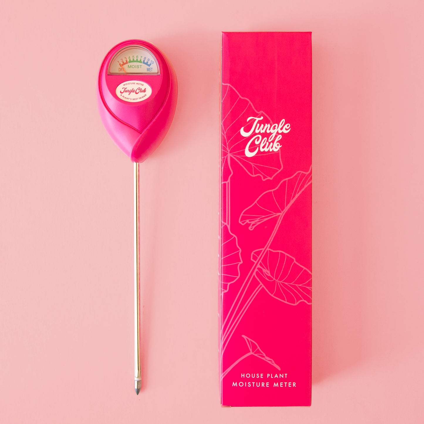 A hot pink moisture meter next to a hot pink box for packaging.