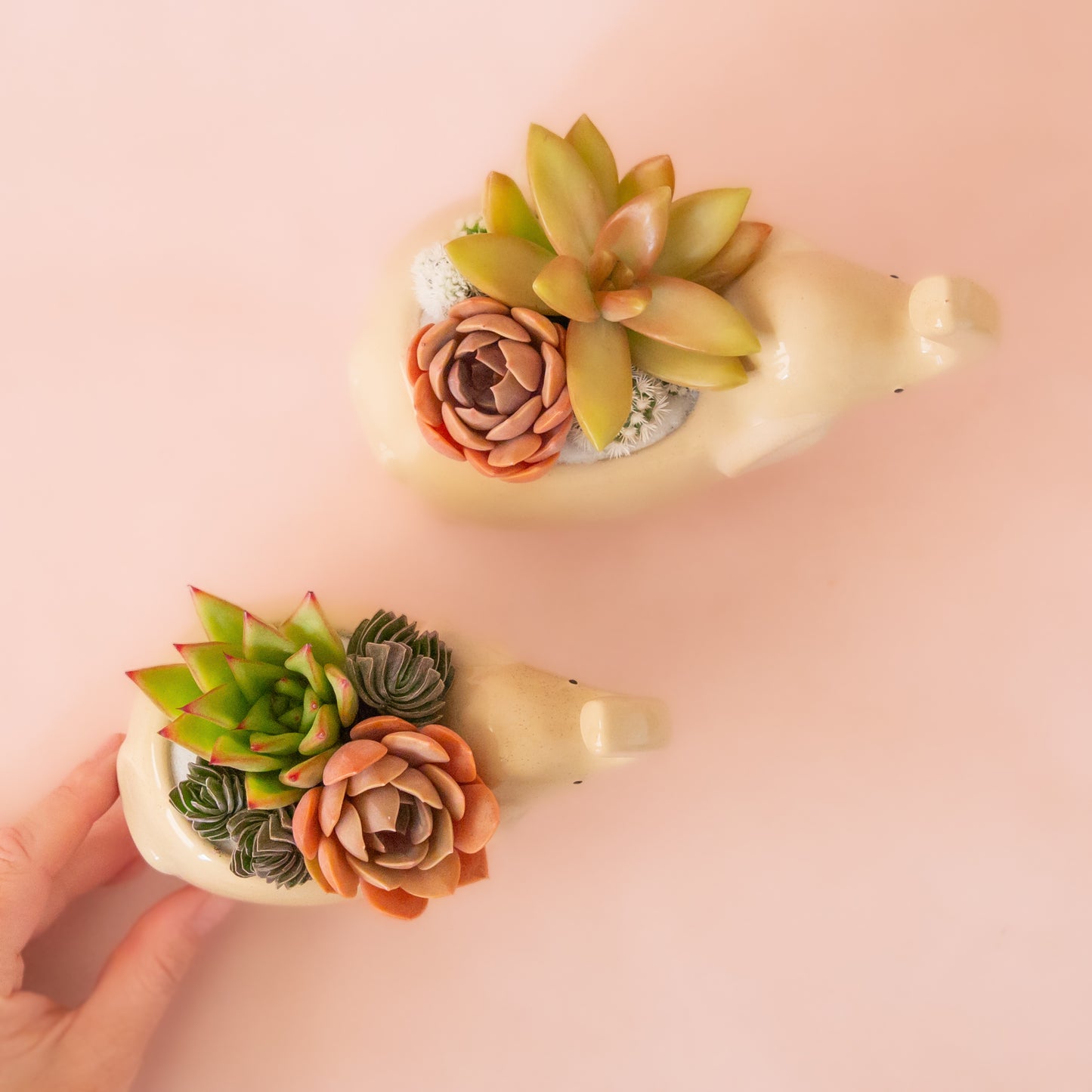 Two ceramic elephant with its nose in the air. The ceramic is a tan color with speckles.