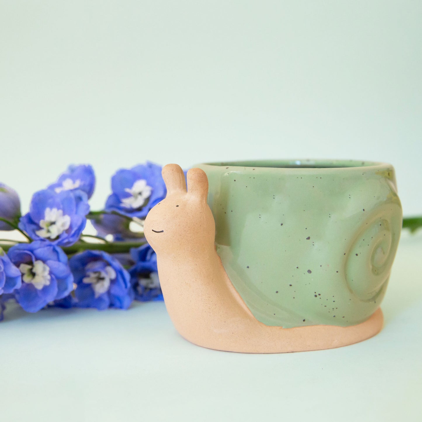 On a blue background is a ceramic planter in the shape of a snail with smiling face and a swirly green "shell".