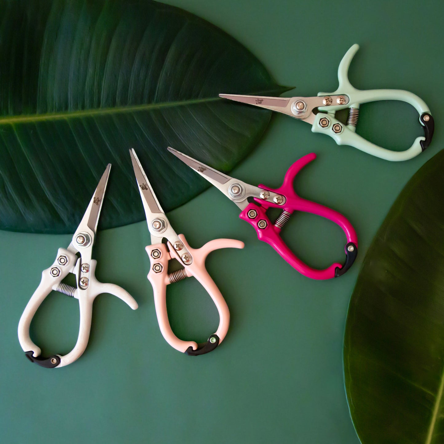 4 pruning shears in white, light pink, bright pink, and light blue on a green background with green plant leaves.