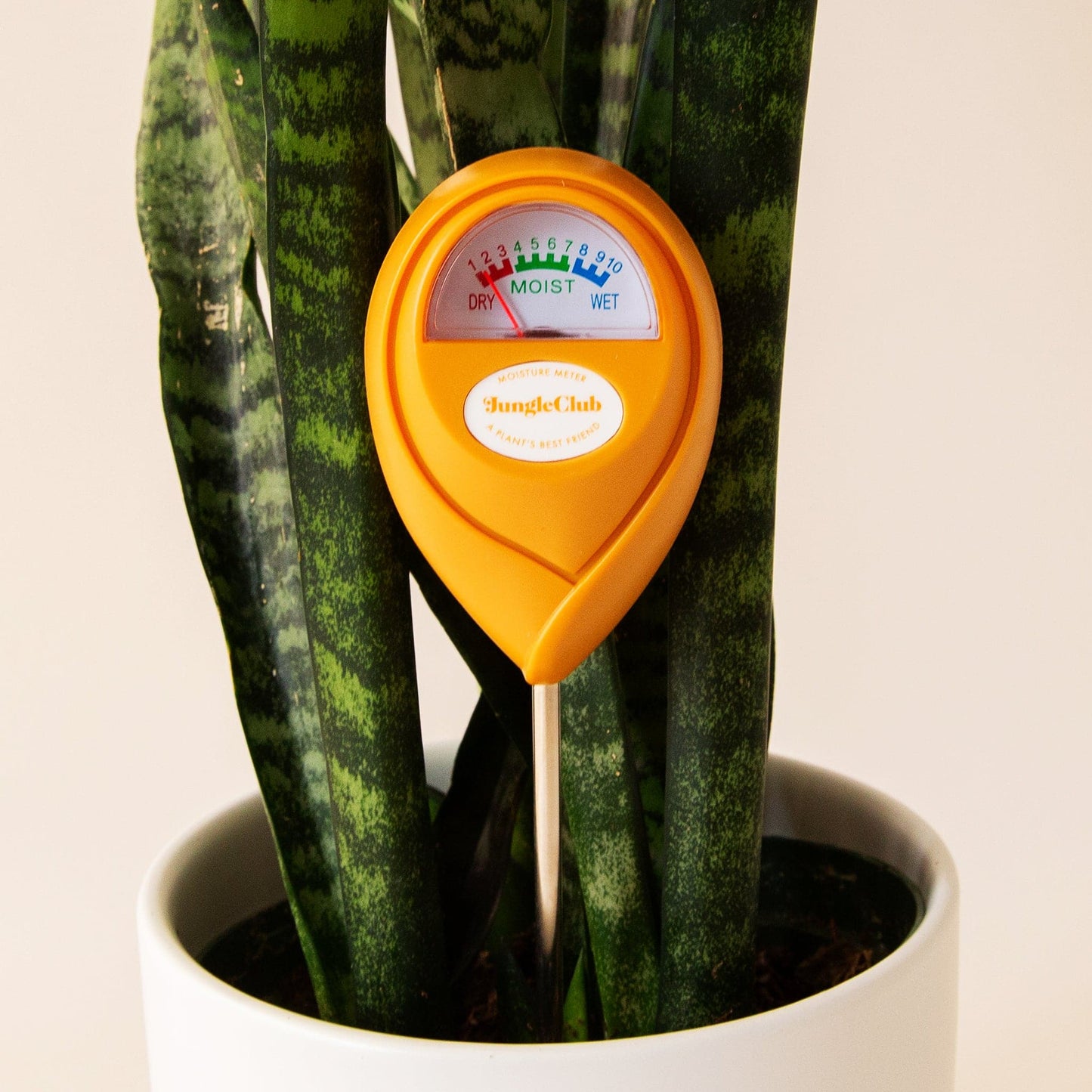 An orange moisture meter with a rounded head and a white meter that ranges from dry, moist, or wet along with a small oval label in the front that reads, "Jungle Club".