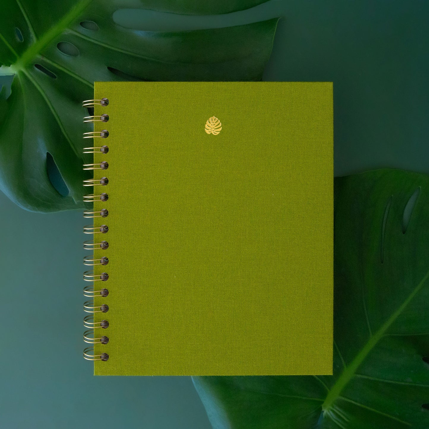 A green journal with a gold monstera leaf printed on it sits on a green background and leaves.