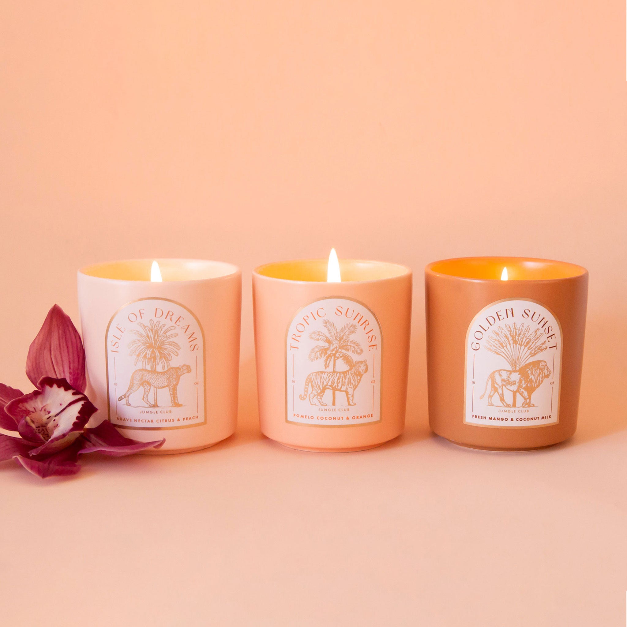 Three lit candles sit in the middle of page.  They all have jungle animal labels and are ceramic vessels.  There is a purple orchid on the left hand side of the image next to the candles.