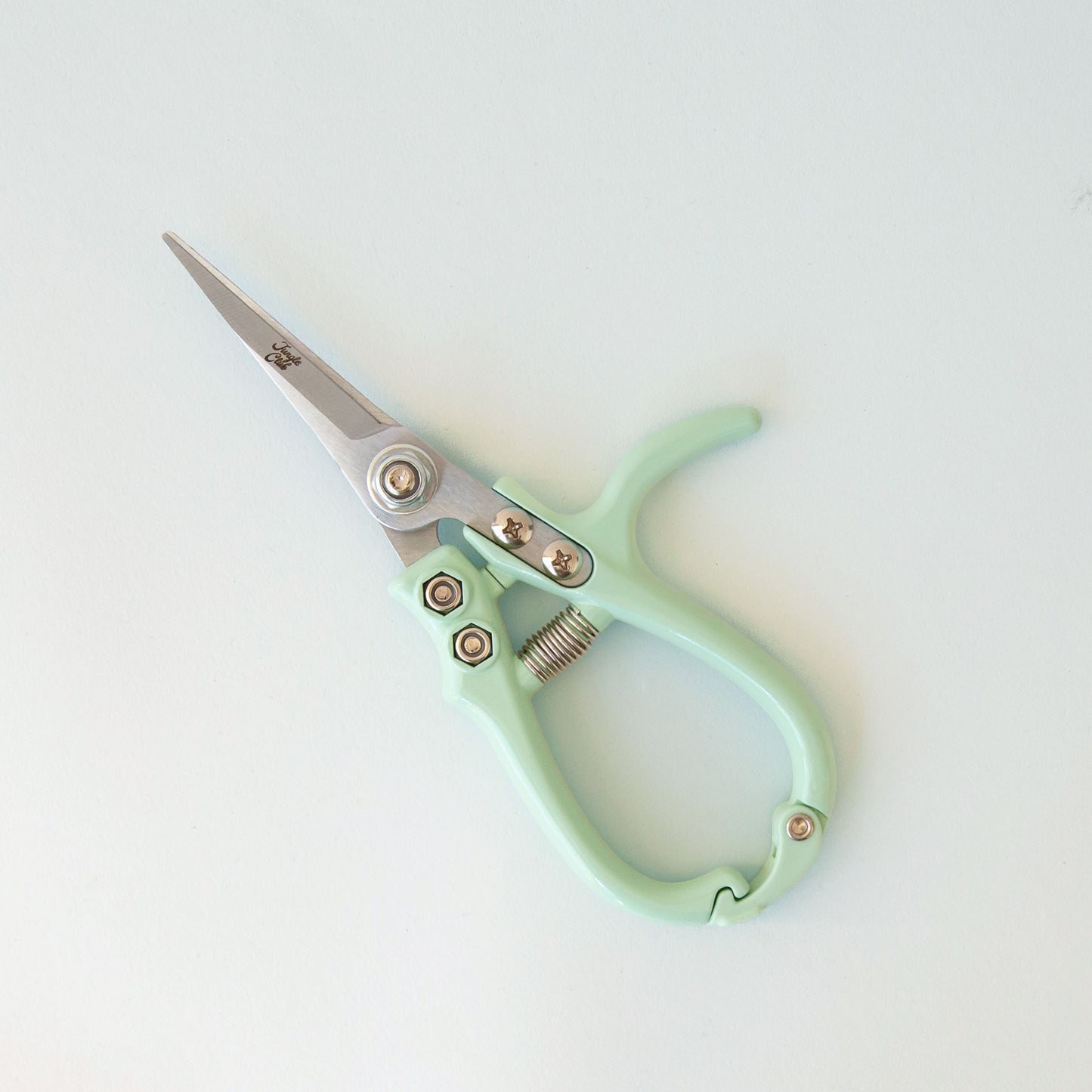 A pair of mint green planting shears.
