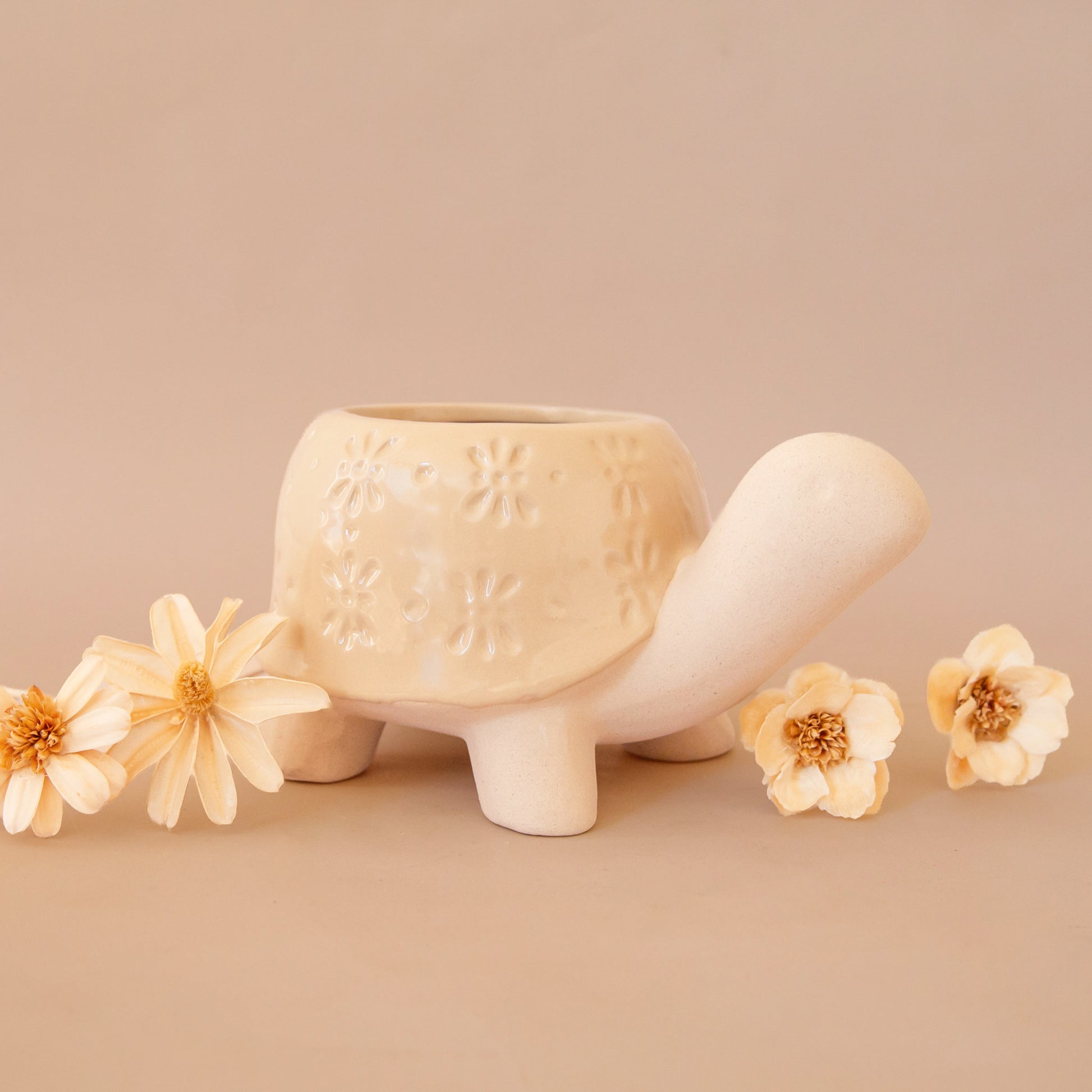 a ceramic planter in the shape of a turtle with a light tan "shell" with a subtle floral print. 